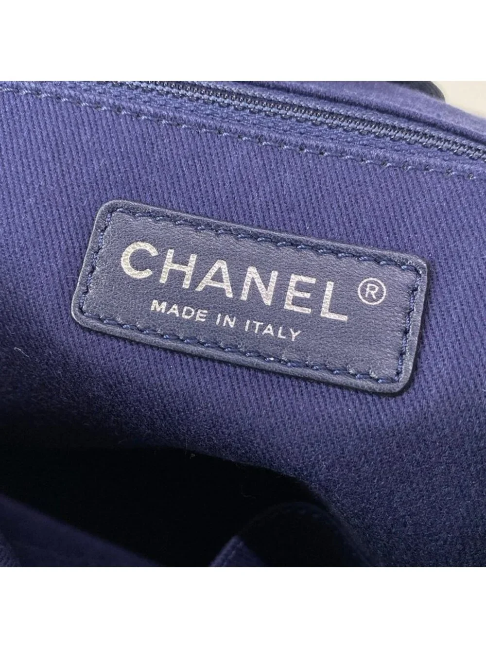 Chanel Tote Bag Deauville Line MM Blue Dark Navy Chain Shoulder Silver Leather